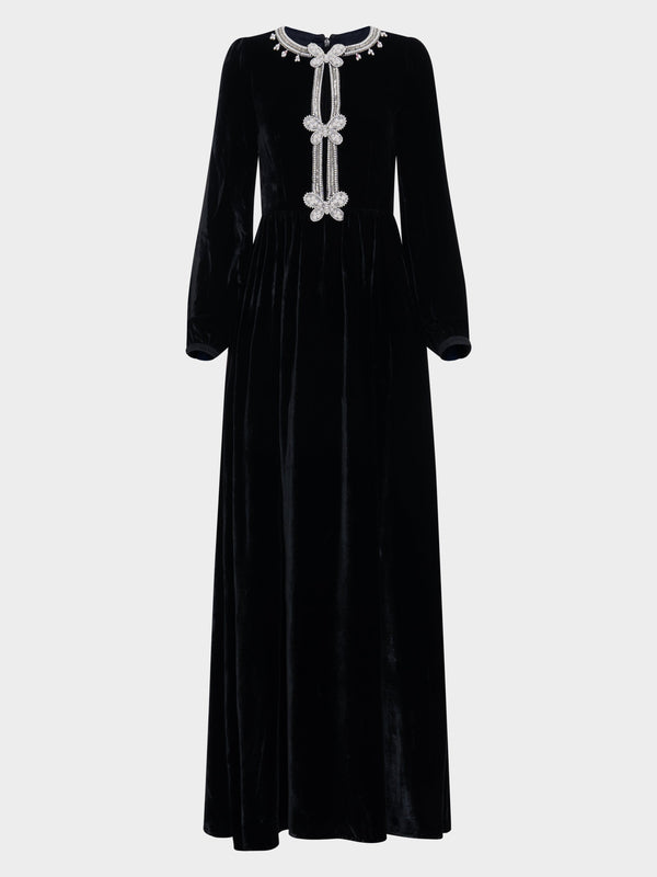 saloni Camille Long Dress in Black Monarch Embroidery