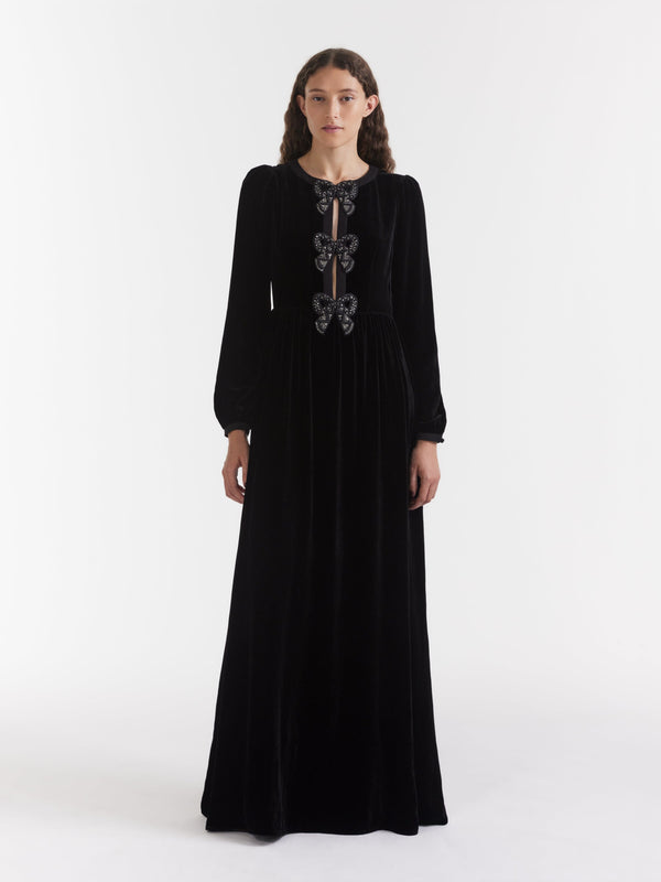Saloni Camille Velvet Embellished Black Bows Long Dress In Black