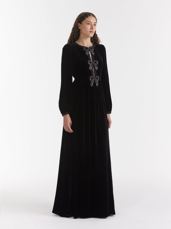 Saloni Camille Velvet Embellished Black Bows Long Dress In Black