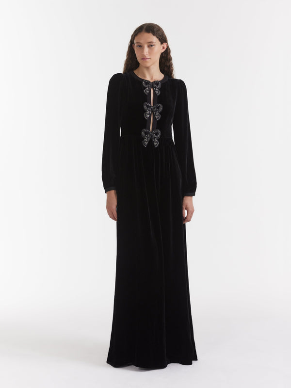 Saloni Camille Velvet Embellished Black Bows Long Dress In Black