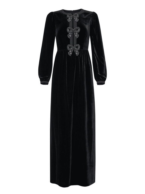 saloni Camille Velvet Embellished Black Bows Long Dress in Black