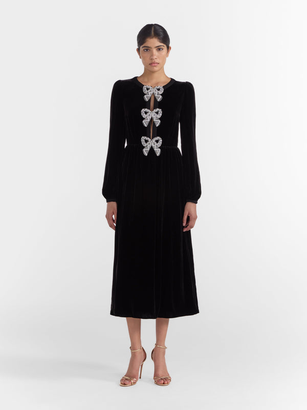 Saloni Camille Velvet Embellished Bows Dress In Black