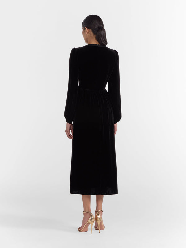 Saloni Camille Velvet Embellished Bows Dress In Black