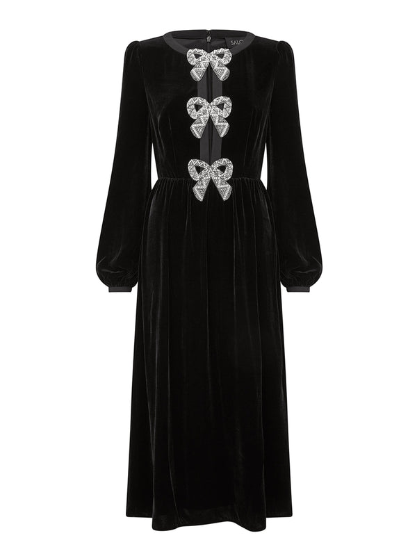 saloni Camille Velvet Embellished Bows Dress in Black