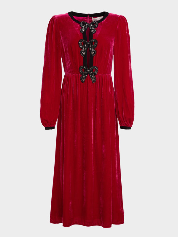 saloni Camille Velvet Embellished Bows Dress in Magenta