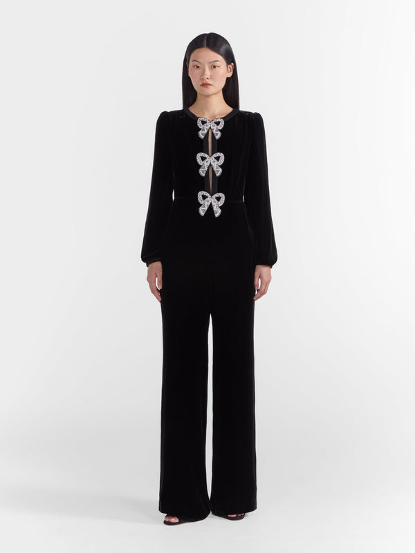 Saloni Camille Velvet Embellished Bows Jumpsuit In Black