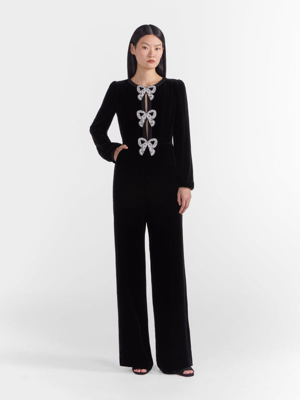 Saloni Camille Velvet Embellished Bows Jumpsuit In Black