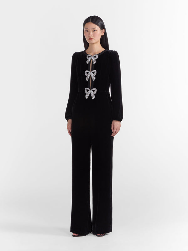 Saloni Camille Velvet Embellished Bows Jumpsuit In Black