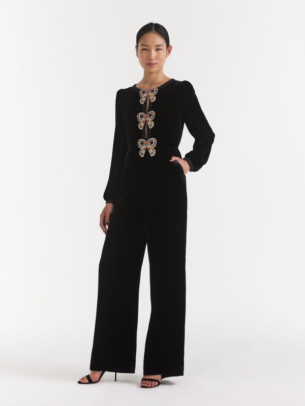 Saloni Camille Velvet Embellished Bows Jumpsuit In Black With Rainbow Bows