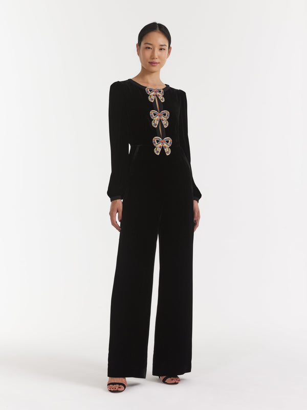 Saloni Camille Velvet Embellished Bows Jumpsuit In Black With Rainbow Bows