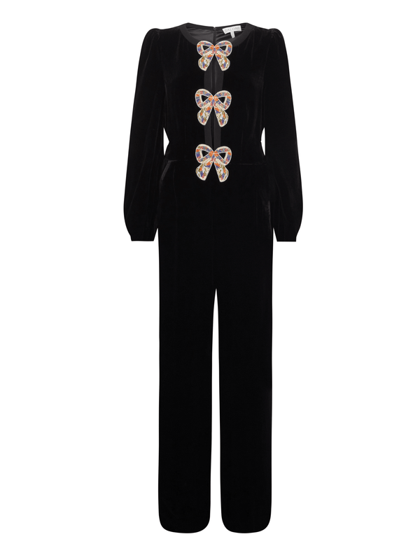 saloni Camille Velvet Embellished Bows Jumpsuit in Black with Rainbow Bows