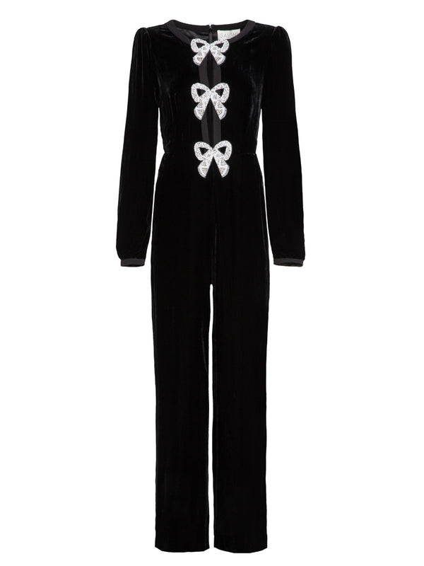 saloni Camille Velvet Embellished Bows Jumpsuit in Black