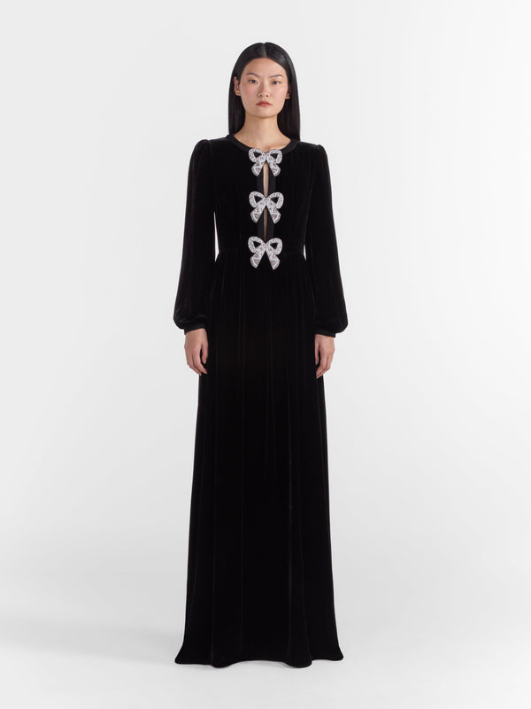Saloni Camille Velvet Embellished Bows Long Dress In Black
