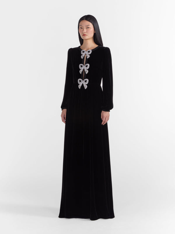 Saloni Camille Velvet Embellished Bows Long Dress In Black