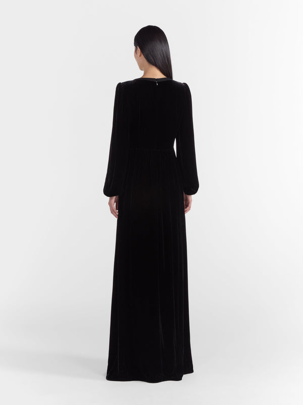 Saloni Camille Velvet Embellished Bows Long Dress In Black