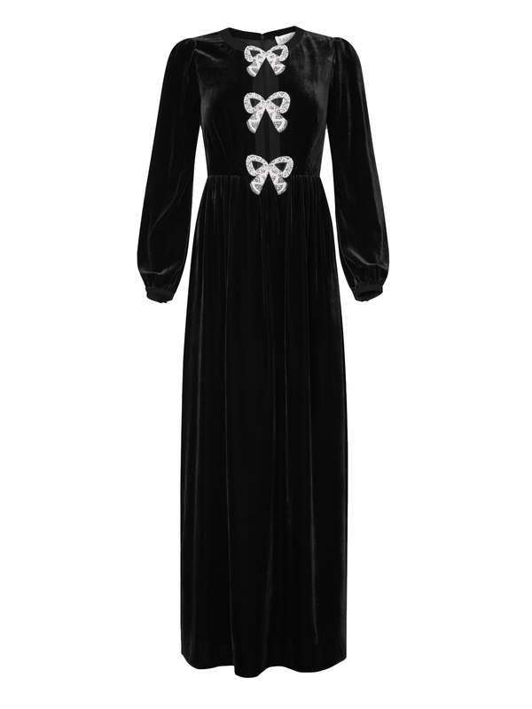 saloni Camille Velvet Embellished Bows Long Dress in Black