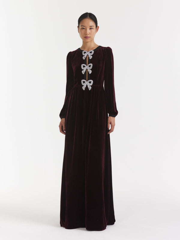 Saloni Camille Velvet Embellished Bows Long Dress In Burgundy