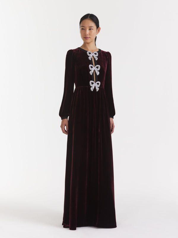 Saloni Camille Velvet Embellished Bows Long Dress In Burgundy