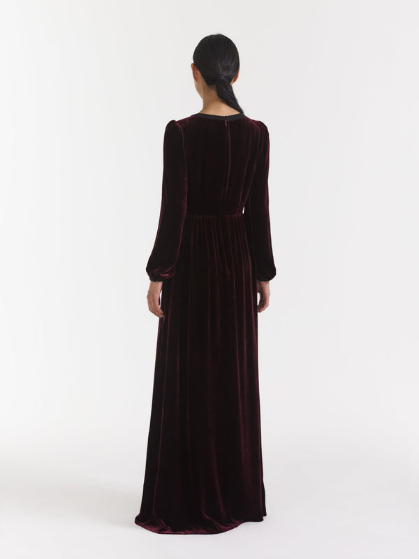 Saloni Camille Velvet Embellished Bows Long Dress In Burgundy