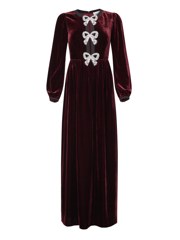 saloni Camille Velvet Embellished Bows Long Dress in Burgundy