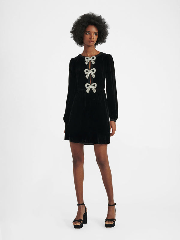 Saloni Camille Velvet Embellished Bows Mini Dress In Black