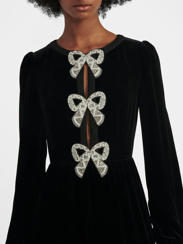 Saloni Camille Velvet Embellished Bows Mini Dress In Black