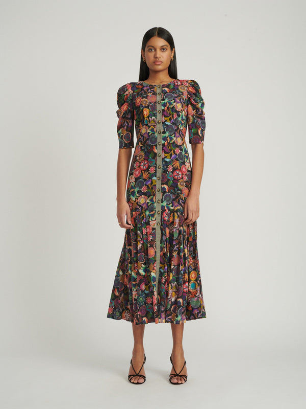 Saloni Colette Long Dress In Noir Adorning Check Print