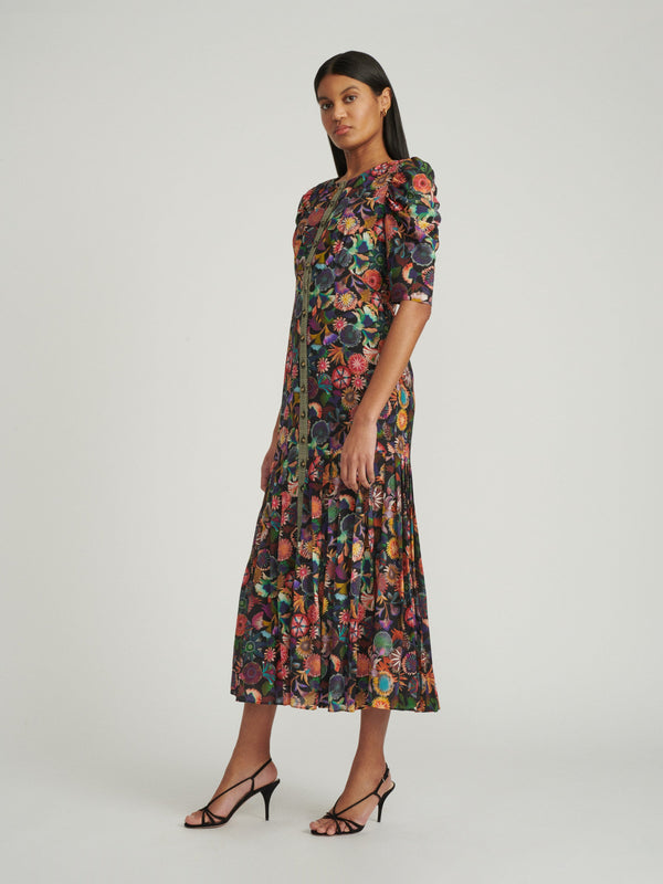 Saloni Colette Long Dress In Noir Adorning Check Print