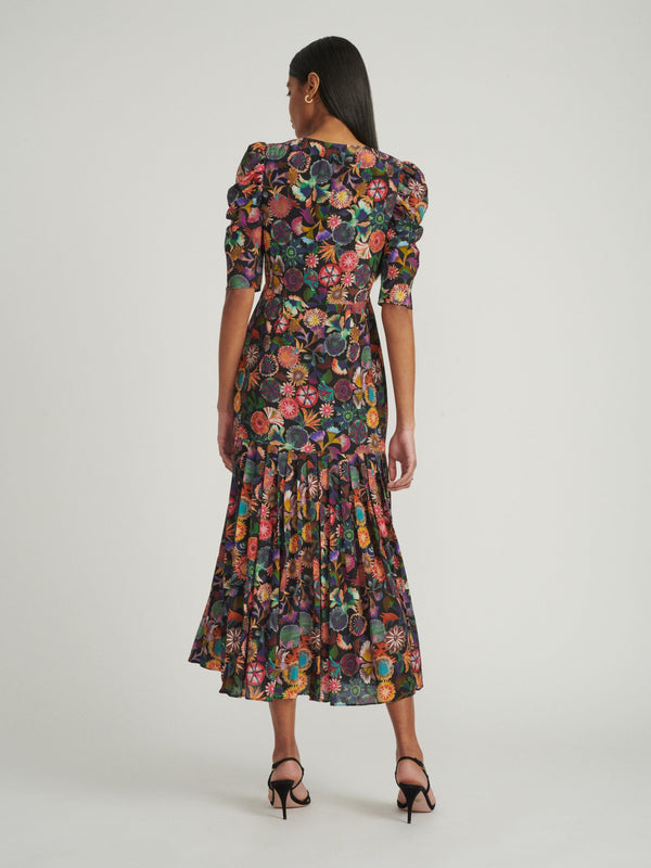 Saloni Colette Long Dress In Noir Adorning Check Print