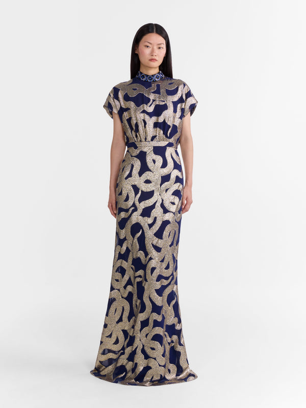 Saloni Fabienne Long C Dress In Navy Jet Adder Embroidery