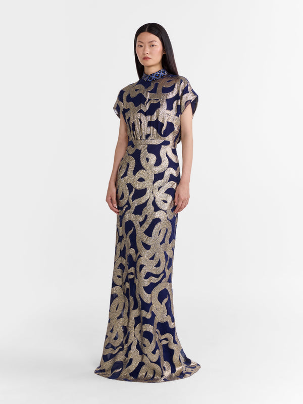 Saloni Fabienne Long C Dress In Navy Jet Adder Embroidery