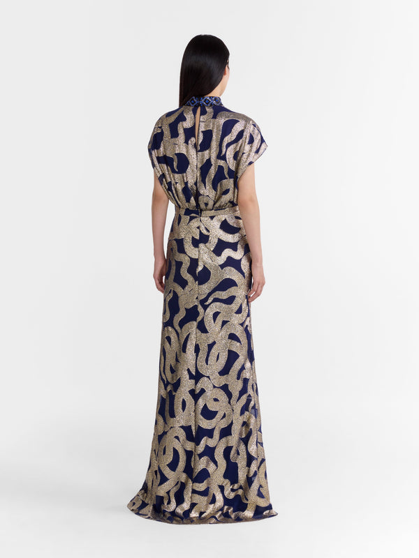 Saloni Fabienne Long C Dress In Navy Jet Adder Embroidery