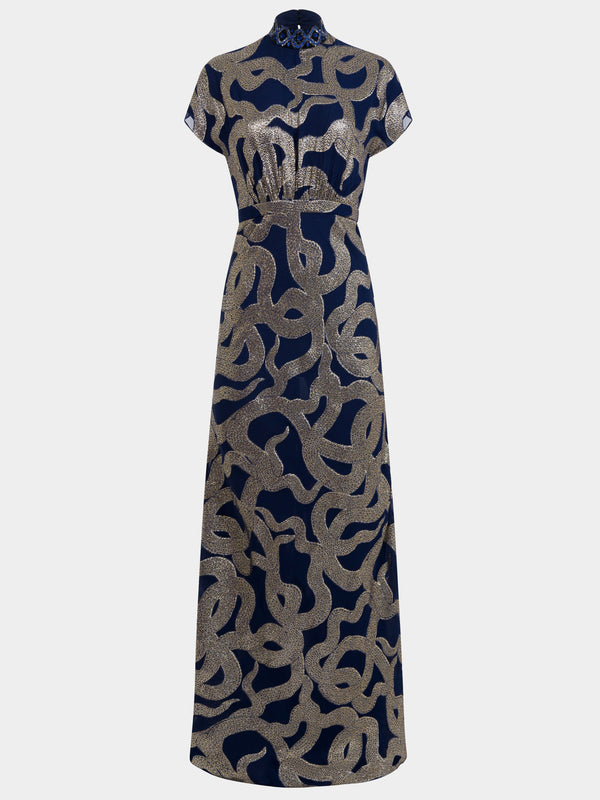 saloni Fabienne Long C Dress in Navy Jet Adder Embroidery