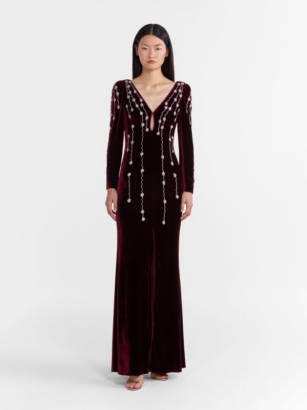 Saloni Joni Long Dress In Burgundy Starfall Embroidery