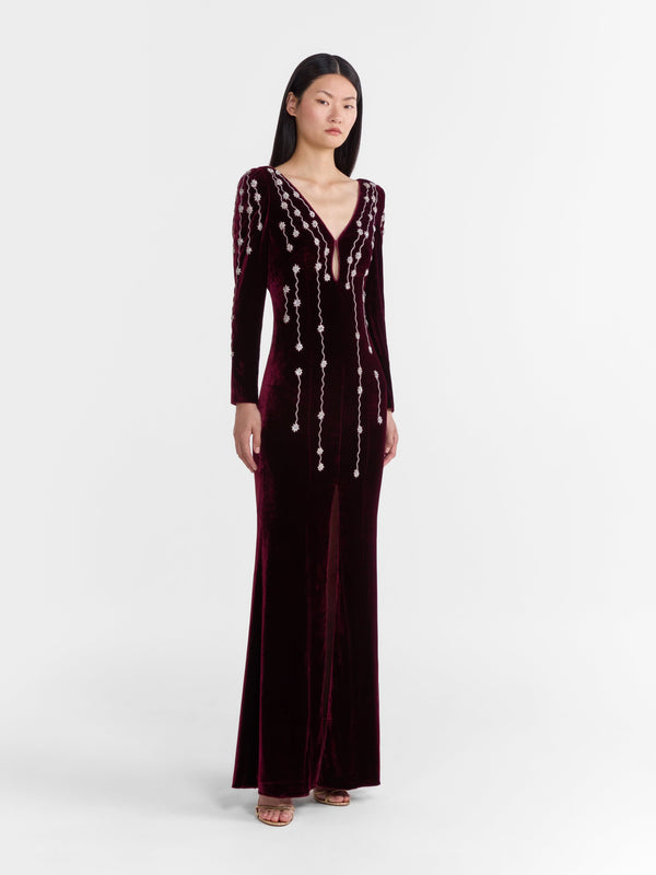 Saloni Joni Long Dress In Burgundy Starfall Embroidery