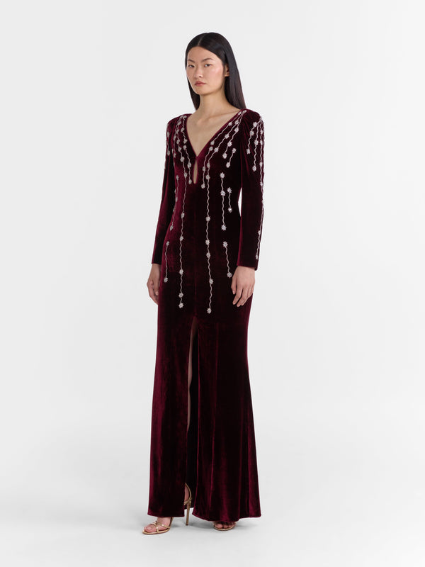 Saloni Joni Long Dress In Burgundy Starfall Embroidery