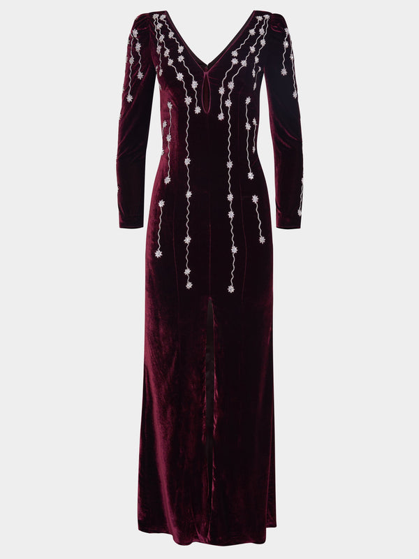 saloni Joni Long Dress in Burgundy Starfall Embroidery