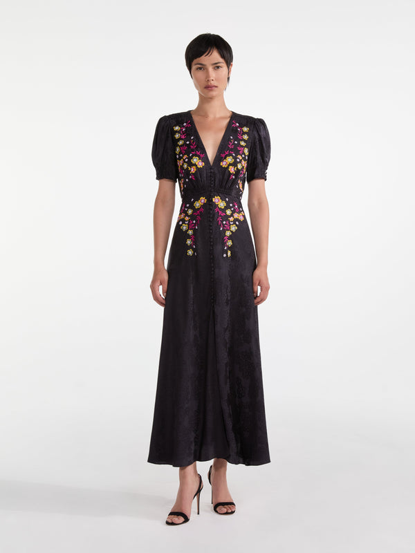 Saloni Lea Long Dress In Black Bright Flowers Embroidery