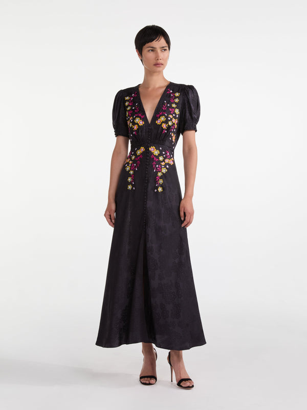 Saloni Lea Long Dress In Black Bright Flowers Embroidery
