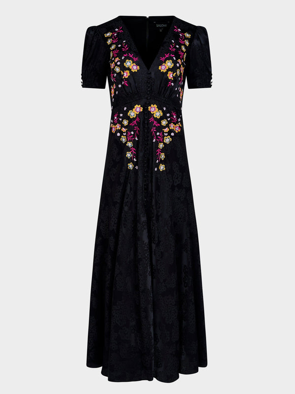 saloni Lea Long Dress in Black Bright Flowers Embroidery