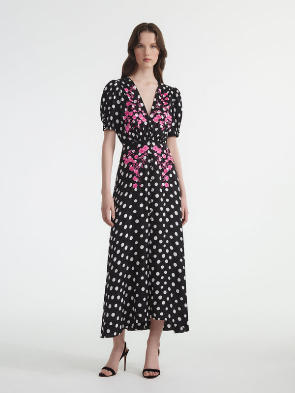 Saloni Lea Long Dress In Polka Dot Flower Embroidery