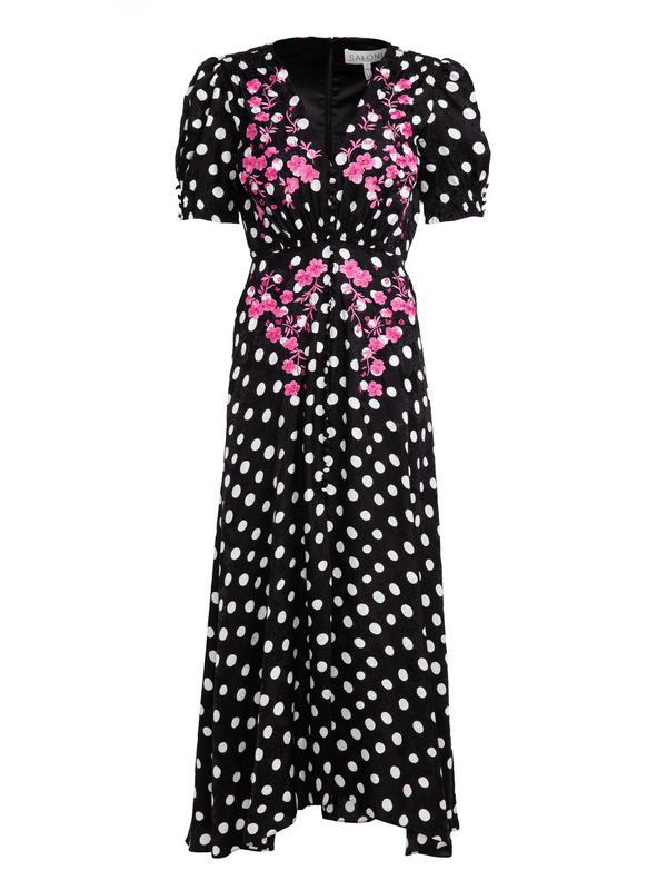 saloni Lea Long Dress in Polka Dot Flower Embroidery