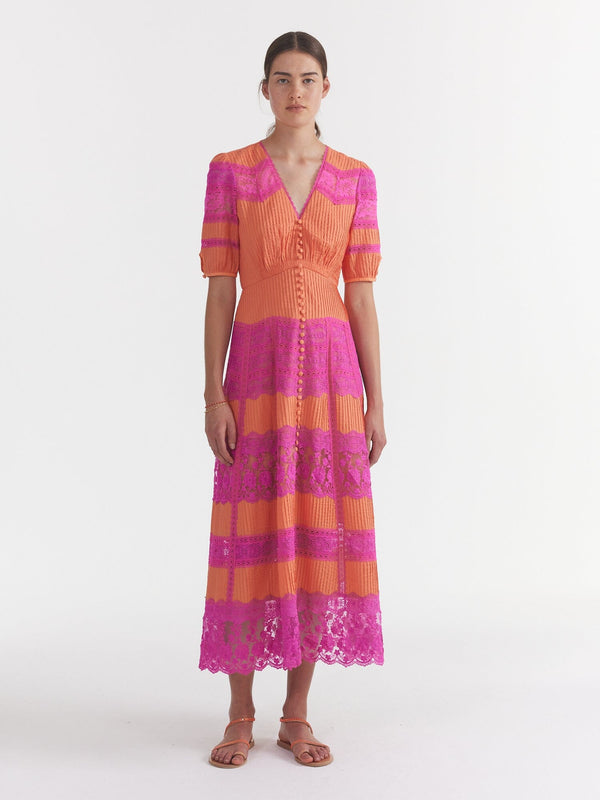 Saloni Lea Long Lace Dress In Nectarine Honeysuckle