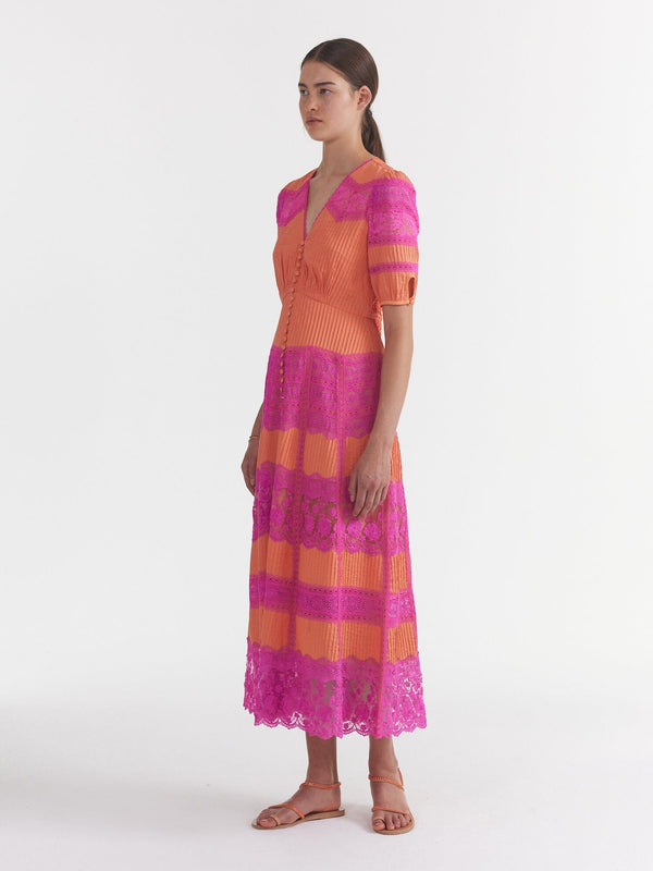 Saloni Lea Long Lace Dress In Nectarine Honeysuckle