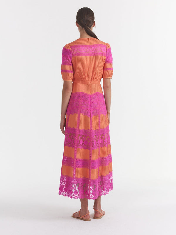 Saloni Lea Long Lace Dress In Nectarine Honeysuckle