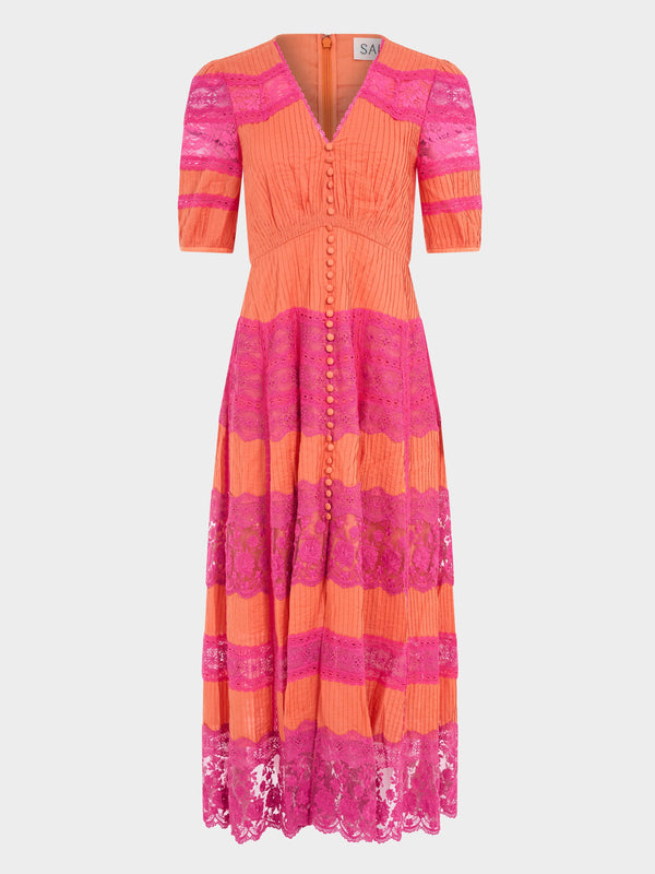 saloni Lea Long Lace Dress in Nectarine Honeysuckle