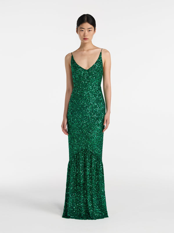 Saloni Aidan Long Dress In Emerald Green