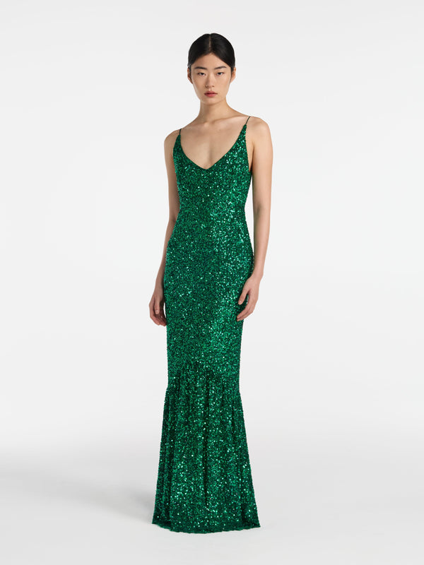 Saloni Aidan Long Dress In Emerald Green