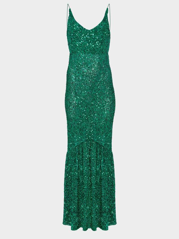 saloni Aidan Long Dress in Emerald Green