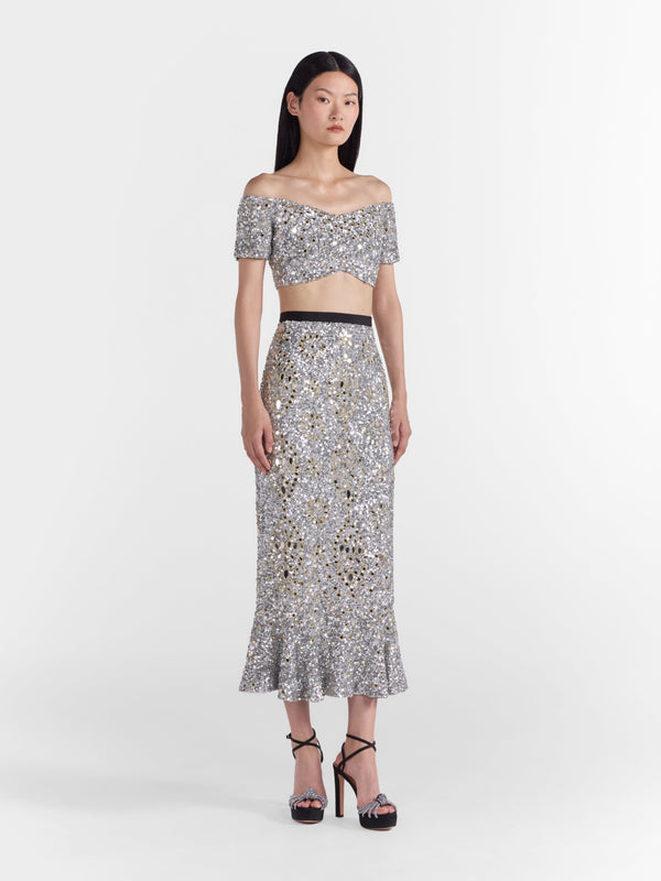 Saloni Aidan Skirt In Silver Sequin
